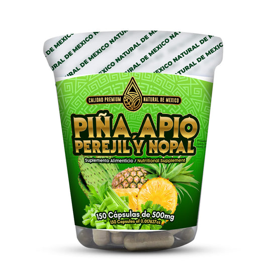 Piña, Apio, Perejil y Nopal capsulas linea premium en vasito